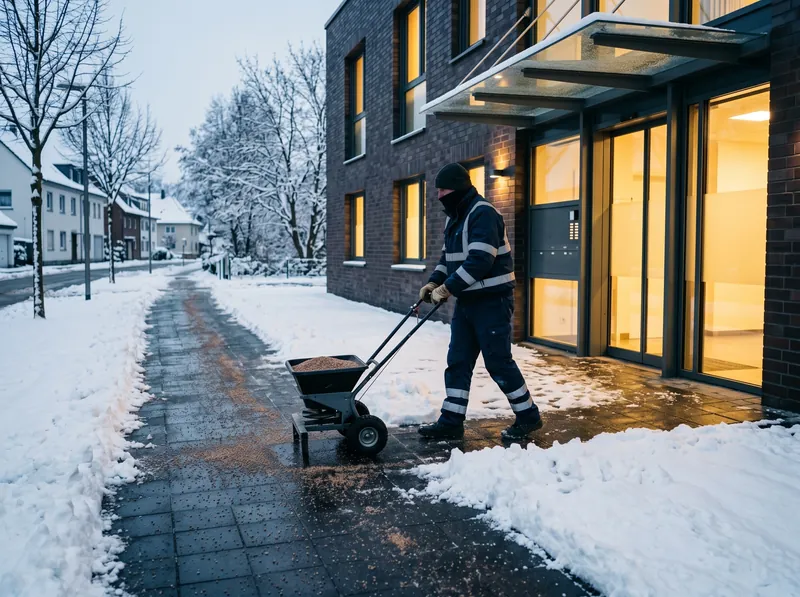 Mitarbeiter streut den geräumten Gehweg vor einer Arztpraxis