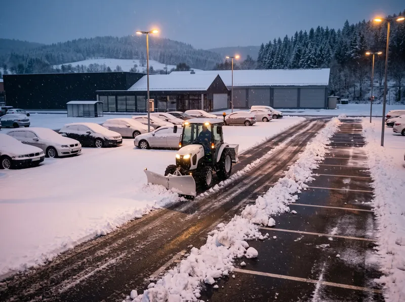 Räumfahrzeug räumt den Kundenparkplatz eines Gewerbegebäudes