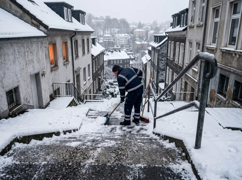 Mitarbeiter räumt eine steile Außentreppe zwischen Altbauten in Wuppertal