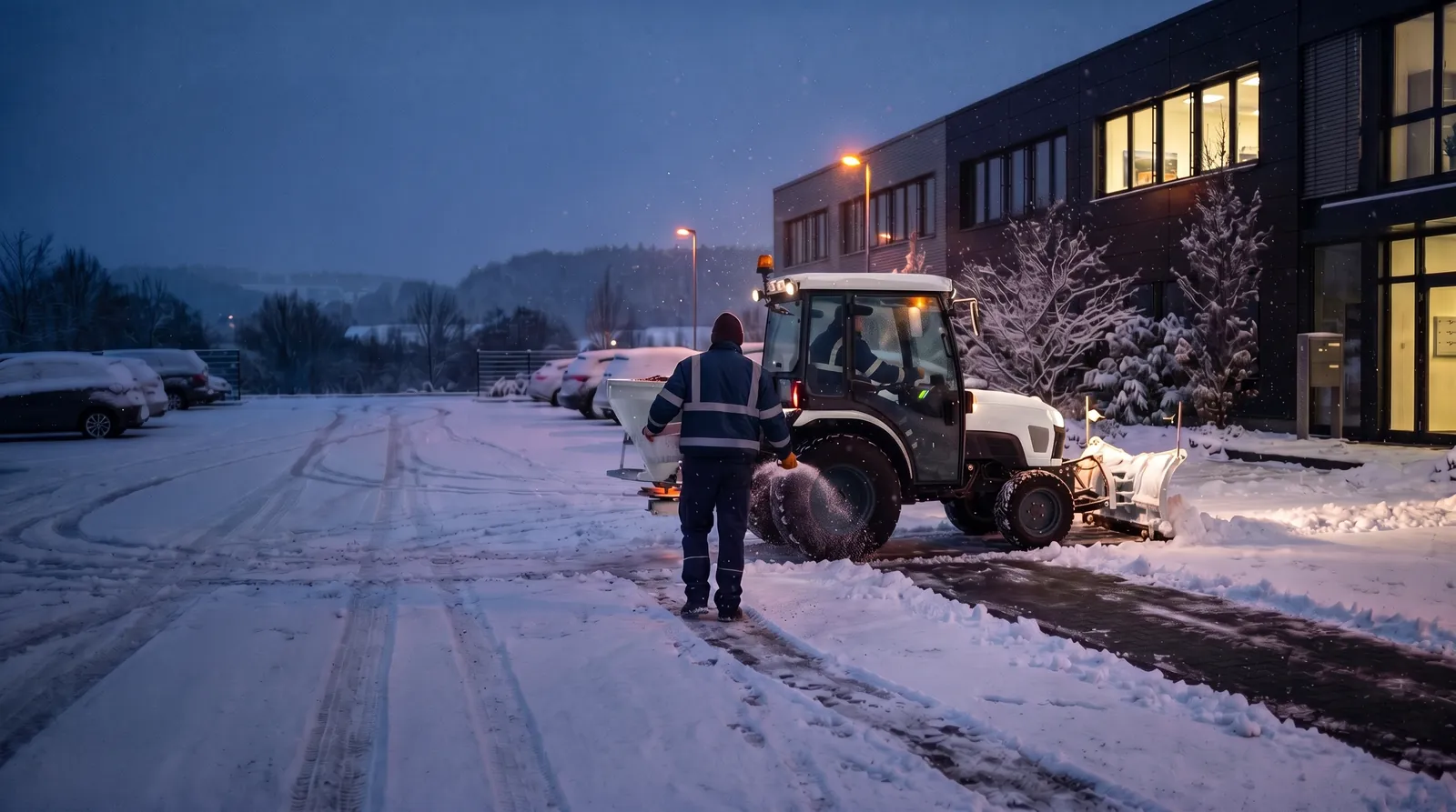 Räumfahrzeug und Mitarbeiter beim Winterdienst auf einem Firmenparkplatz