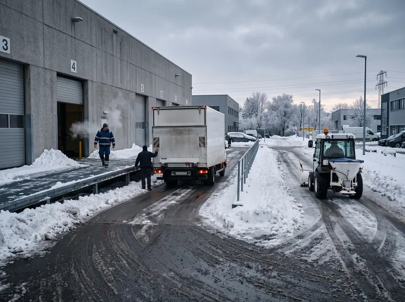 Geräumte Zufahrt und Laderampe an einer Lagerhalle im Winter